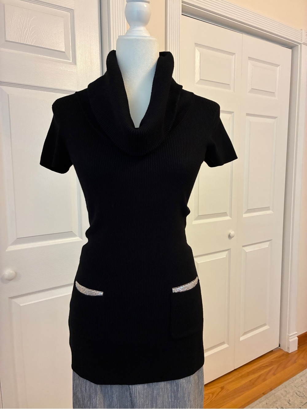 INC International Concepts Black Short-Sleeve Cowl Neck Tunic Sweater